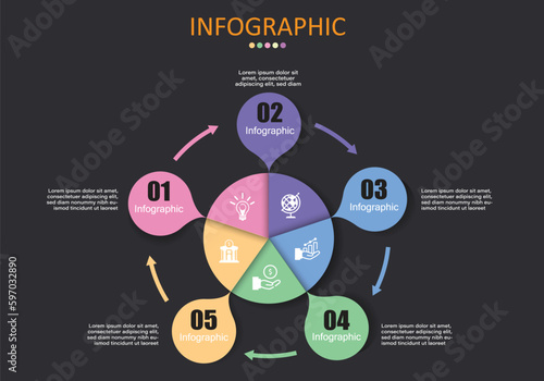 vector infographic sphere divided into 5 segments with teardrop circles separated to show explanation with arrows showing direction swirling back to step 1 for finance and management education present