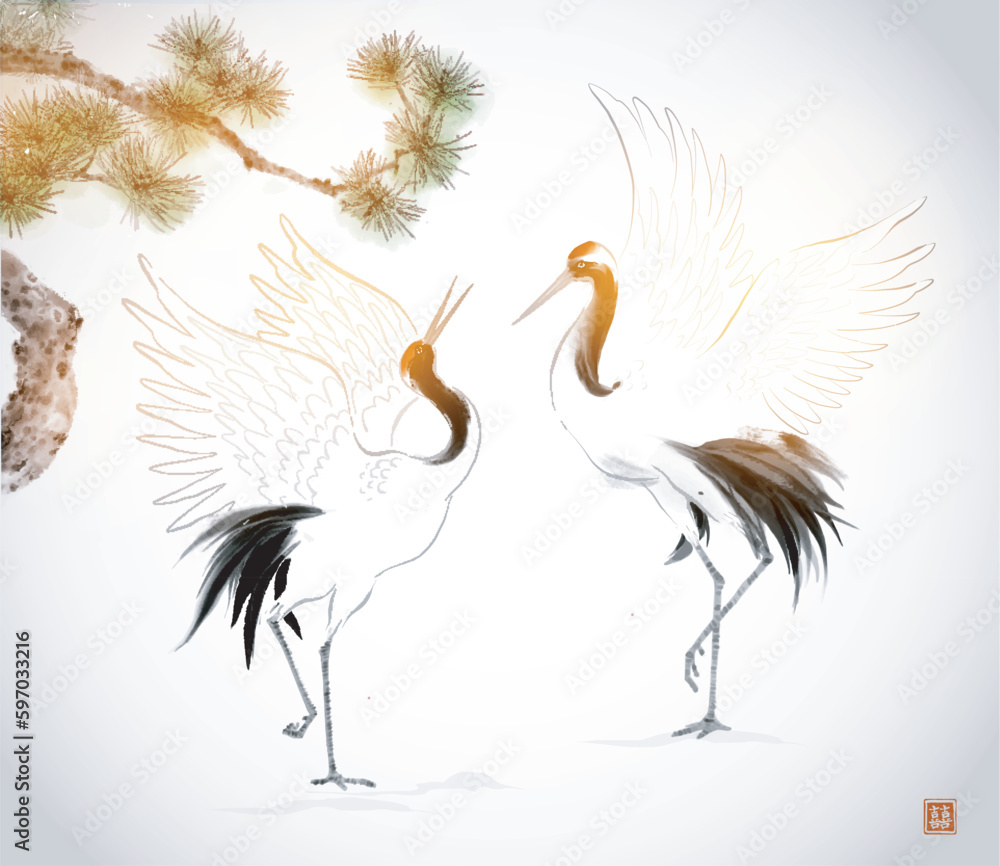 Crane birds dancing under pine tree on white background. Traditional ...