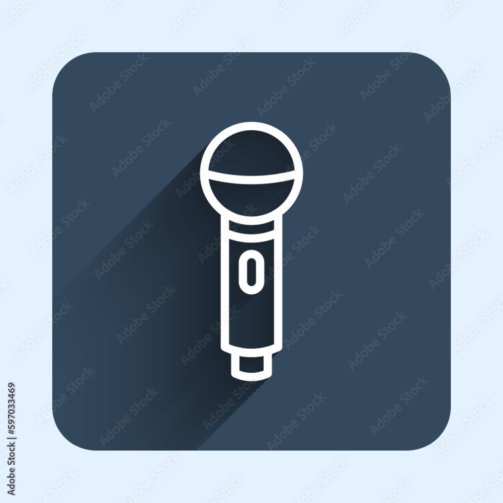 White line Microphone icon isolated with long shadow background. On air radio mic microphone. Speaker sign. Blue square button. Vector White line Microphone icon isolated with long shadow background. On air radio mic microphone. Speaker sign. Blue square button. Vector