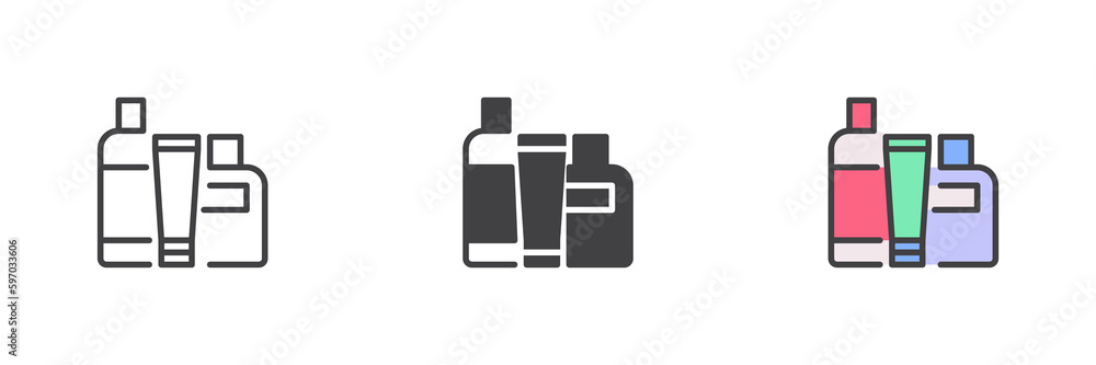 Cosmetics bottles different style icon set Cosmetics bottles different style icon set