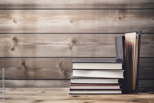 stack of vintage books on a rustic wooden table. Generative AI