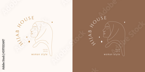 Hijab house logo templates. Abstract arabian woman with closed eyes. Hand drawn outline female silhouette in muslim headdress. Vector illustration in one line style.