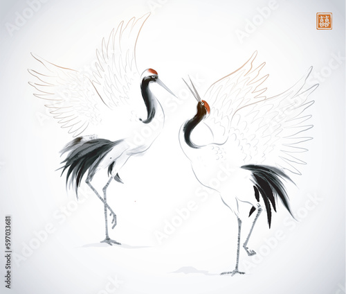 Two dancing crane birds on white background.Traditional oriental ink painting sumi-e, u-sin, go-hua. Hieroglyph - double luck.
