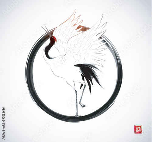 Dancing japanese crane in enso zen circle on white background. Traditional Japanese ink wash painting sumi-e. Hieroglyph - double luck.