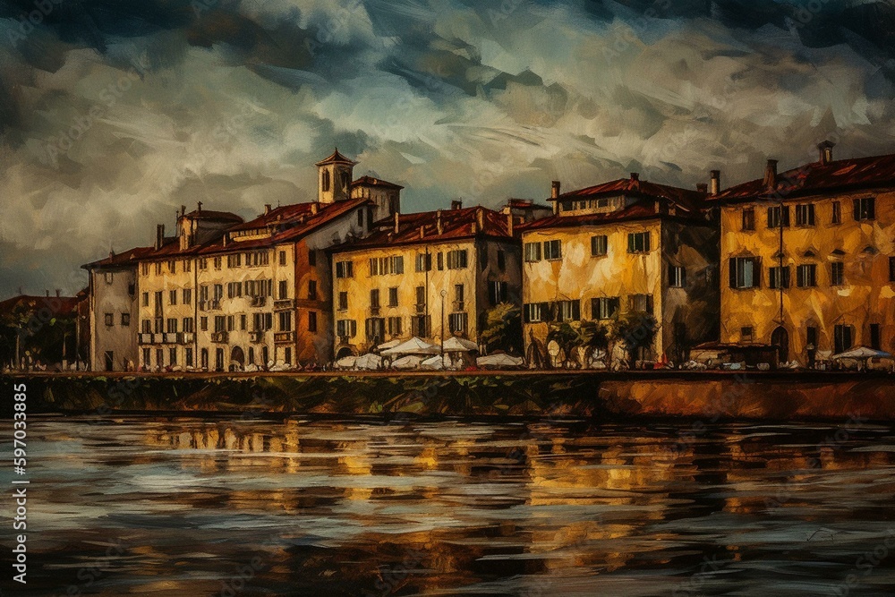 Oil painting of old Italian houses on Arno river embankment in Pisa, drawn in Van Gogh's style with a modern impressionism touch. Creative print. Generative AI