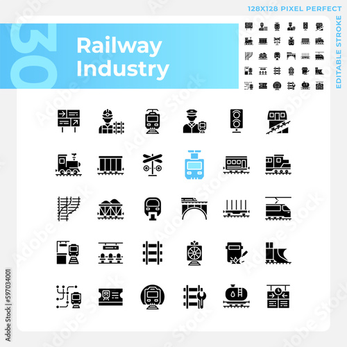 Railway industry pixel perfect black glyph icons set on white space. Railroad company. Rail transport. Train station. Silhouette symbols. Solid pictogram pack. Vector isolated illustration