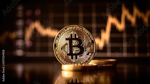 A bitcoin coin in front of trading charts, Investment, Gold coin, ₿, Orange colors, Edited Generative AI