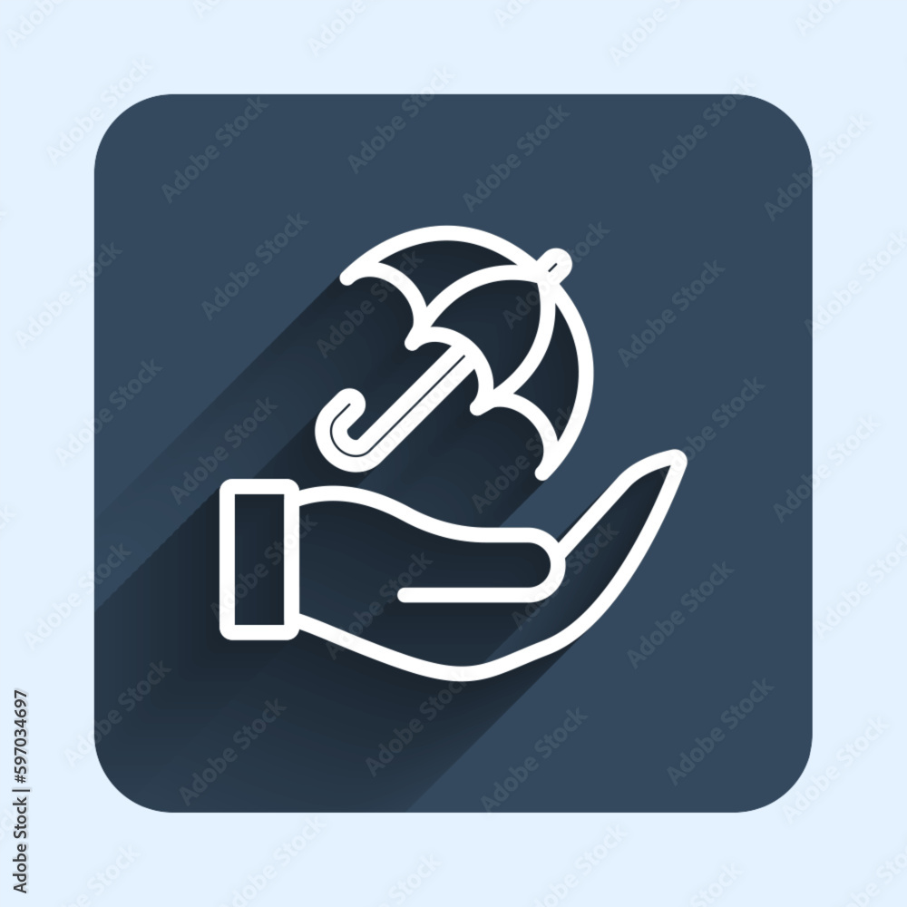White line Umbrella in hand icon isolated with long shadow background. Insurance concept. Waterproof icon. Protection, safety, security concept. Blue square button. Vector White line Umbrella in hand icon isolated with long shadow background. Insurance concept. Waterproof icon. Protection, safety, security concept. Blue square button. Vector