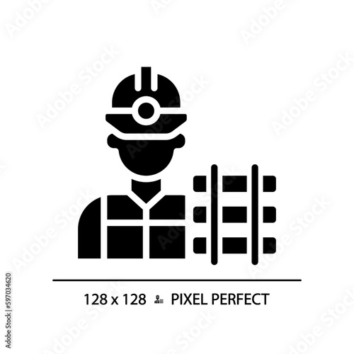 Railway worker pixel perfect black glyph icon. Railroad labor. Train track. Rail maintenance. Civil engineering. Silhouette symbol on white space. Solid pictogram. Vector isolated illustration