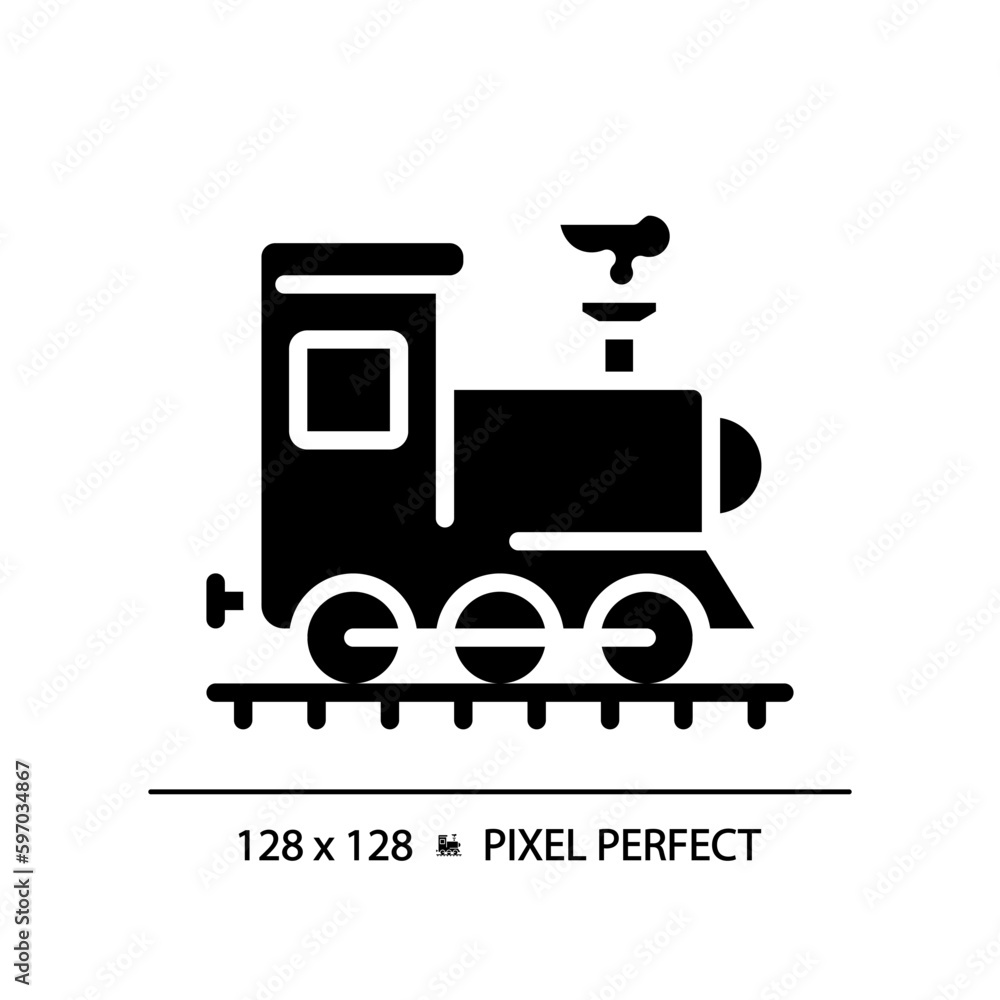 Steam pixel perfect black glyph icon. Rail vehicle. Retro