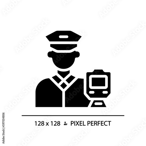 Train driver pixel perfect black glyph icon. Railroad occupation. Rail crew. Locomotive operator. Public transport. Silhouette symbol on white space. Solid pictogram. Vector isolated illustration
