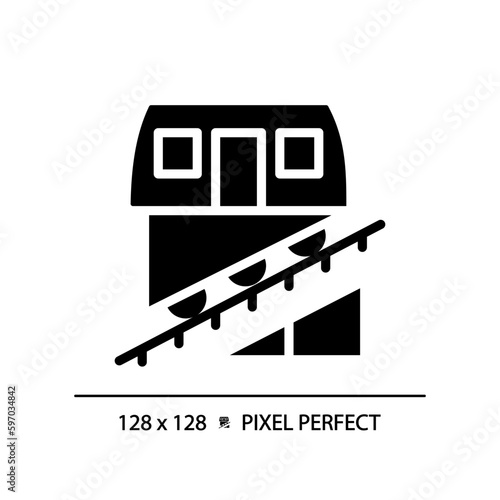 Funicular pixel perfect black glyph icon. Cable railway system. Public transport. Urban transit. Train ride. Silhouette symbol on white space. Solid pictogram. Vector isolated illustration