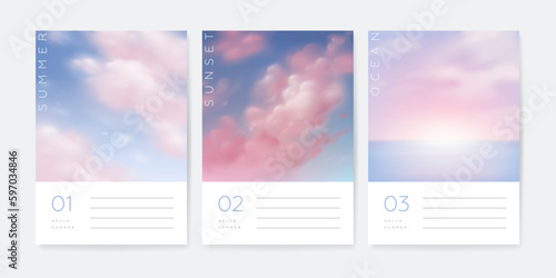 Set of beautiful banner, poster or greeting card design template with realistic sky, clouds and sea. Nature landscape background. Vector illustration