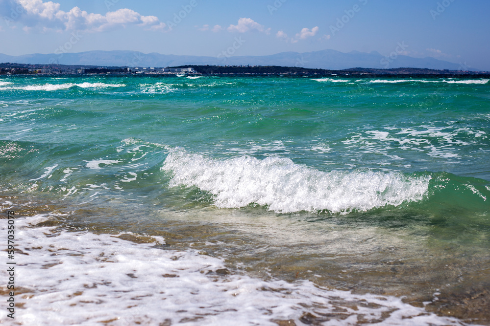 Beautiful sea landscape with turquoise water and blue sky background