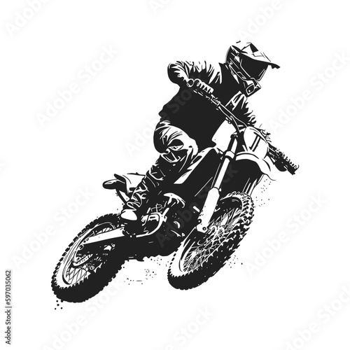 Motocross rider jumping on his bike. Vector line art illustration