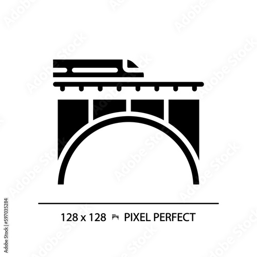 Railway bridge pixel perfect black glyph icon. Express train. Rail track. Urban infrastructure. Fast transport. Silhouette symbol on white space. Solid pictogram. Vector isolated illustration