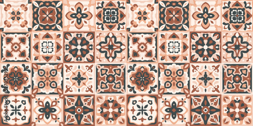Majolica ceramic tile pattern. Azulejo decor. Mexican talavera art, Turkish ornate, victorian background for floor, kitchen, textile. Portuguese design of pottery ornaments. Vector illustration
