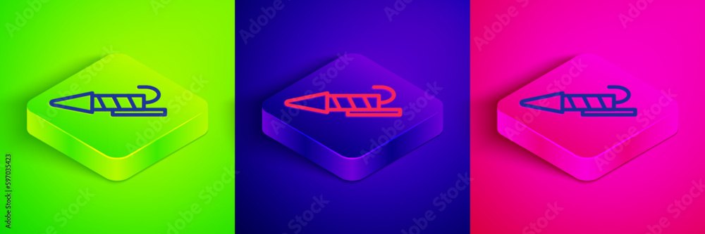 Isometric line Firework rocket icon isolated on green, blue and pink background. Concept of fun party. Explosive pyrotechnic symbol. Square button. Vector Isometric line Firework rocket icon isolated on green, blue and pink background. Concept of fun party. Explosive pyrotechnic symbol. Square button. Vector