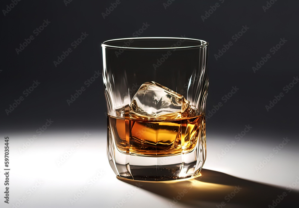 Whiskey with ice in glass on black background. Generative AI.	