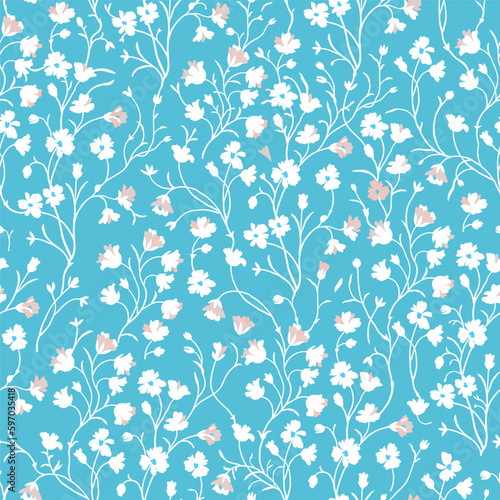 Spring floral pattern of white flowers and beige buds on a turquoise background.