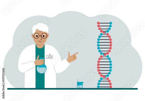Old male doctor with flasks near the dna chain. The concept of a new coronavirus, virus, pcr or disease treatment.