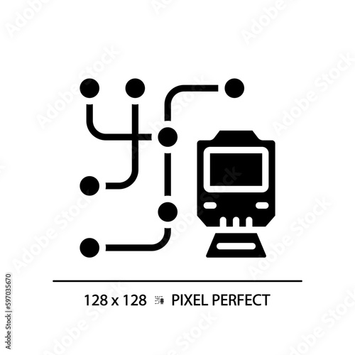 Metro map pixel perfect black glyph icon. Subway network. Public transport system. Rapid transit. Underground railway. Silhouette symbol on white space. Solid pictogram. Vector isolated illustration