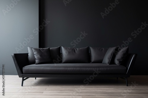 A modern black sofa in a minimalist living room with a vacant wall. Generative AI © Nerissa