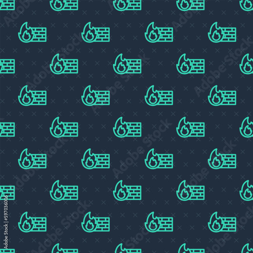 Green line Firewall, security wall icon isolated seamless pattern on blue background. Vector