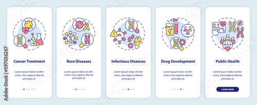 Applications of precision medicine onboarding mobile app screen. Walkthrough 5 steps editable graphic instructions with linear concepts. UI, UX, GUI template. Myriad Pro-Bold, Regular fonts used
