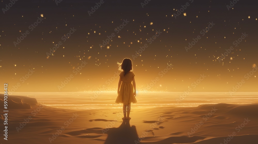 A child looking at the stars on the beach, in the style of light amber and gold , Generative AI	