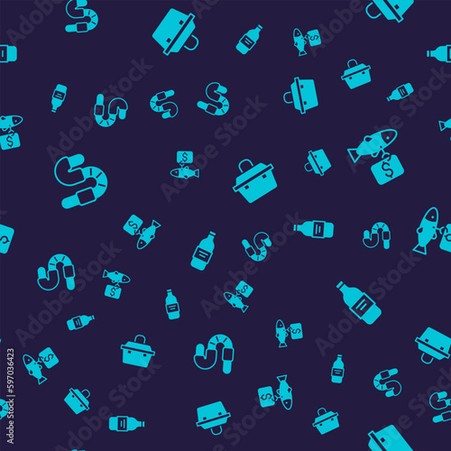 Set Worm, Price tag for fish, Case box fishing equipment and Bottle of vodka on seamless pattern. Vector