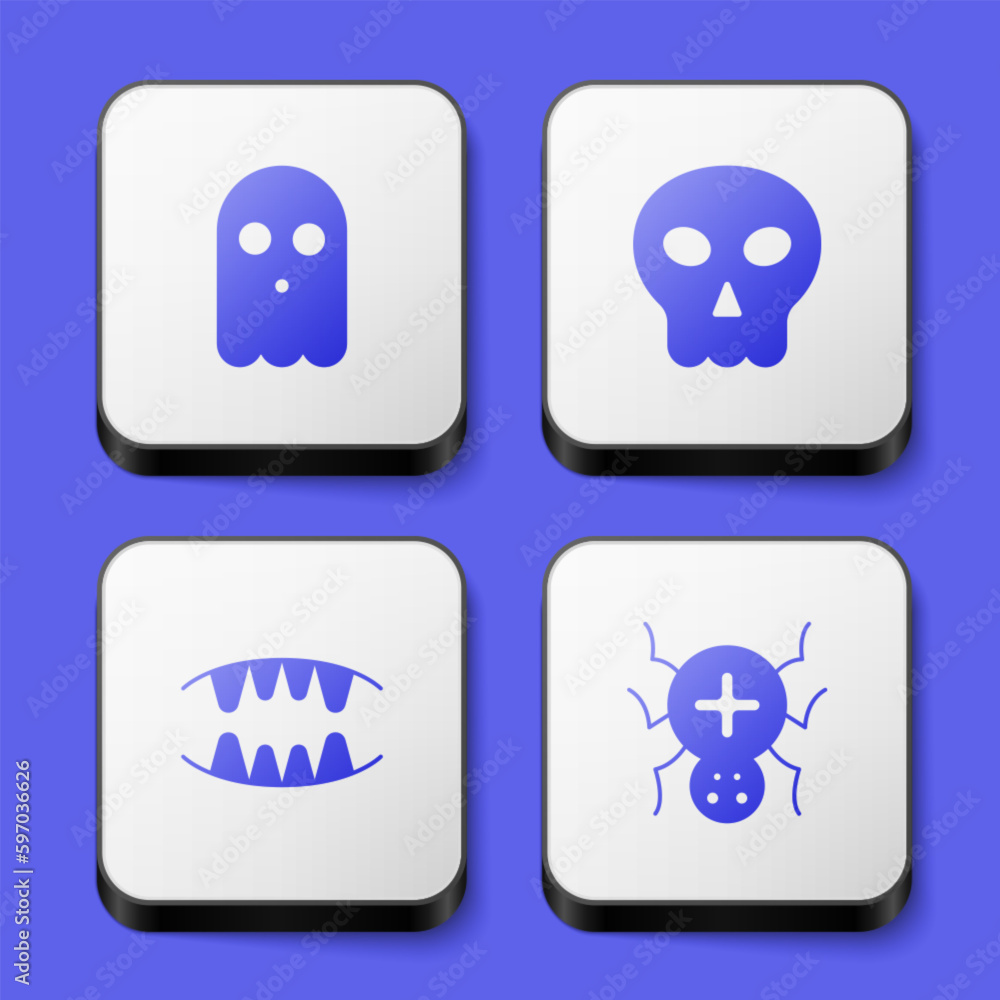 Set Ghost, Skull, Vampire teeth and Spider icon. White square button. Vector Set Ghost, Skull, Vampire teeth and Spider icon. White square button. Vector