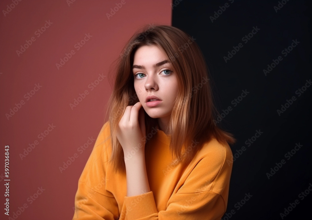 Studio portrait of woman with split tone background, Generative AI Studio portrait of woman with split tone background, Generative AI