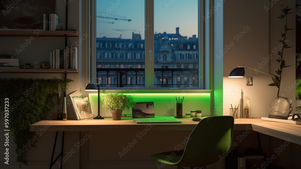 modern setup interior with table, chair and view of Paris modern setup interior with table, chair and view of Paris