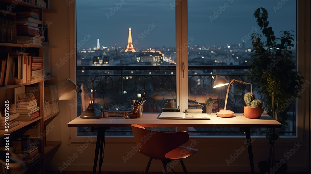 modern setup interior with table, chair and view of Paris