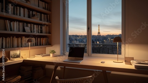 modern setup interior with table  chair and view of Paris
