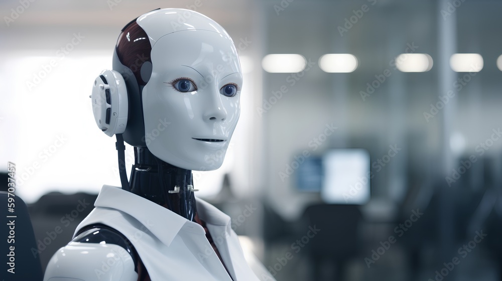 Futuristic humanoid robot AI assistant with headphones, expertly performing customer service tasks, showcasing the seamless integration of artificial intelligence for efficient support. Generative AI Futuristic humanoid robot AI assistant with headphones, expertly performing customer service tasks, showcasing the seamless integration of artificial intelligence for efficient support. Generative AI