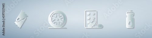 Set Flippers for swimming, Car wheel, Sports doping with dumbbell and Fitness shaker. Paper art style. Vector