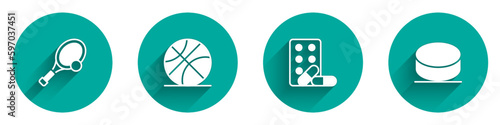 Set Tennis racket with ball, Basketball, Sports doping dumbbell and Hockey puck icon with long shadow. Vector