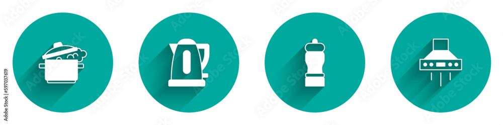 Set Cooking pot, Electric kettle, Pepper and Kitchen extractor fan icon with long shadow. Vector Set Cooking pot, Electric kettle, Pepper and Kitchen extractor fan icon with long shadow. Vector