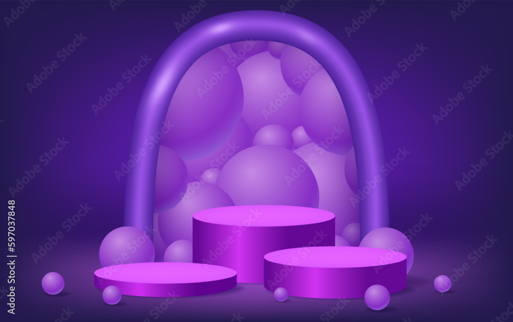 Abstract room with purple pedestal podium, plastic arch shape and balls Abstract room with purple pedestal podium, plastic arch shape and balls
