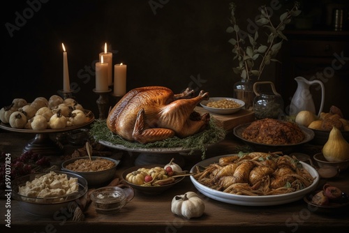 A Thanksgiving feast featuring roasted turkey and classic country sides. Generative AI