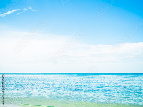 Sea Ocean Water with Horizon Backgroun,Texture Wave Calm View Island Thailand with Blue Cloud Sky,Seascape Summer Tropical Nature at Coast,Beauty Paradise ,Clear Light Sun Day Landscape Shore.\