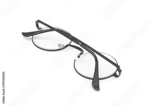 Black round eyeglasses isolated on white. 