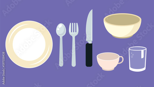 Kitchen utensils and dishware set. Vector illustration.