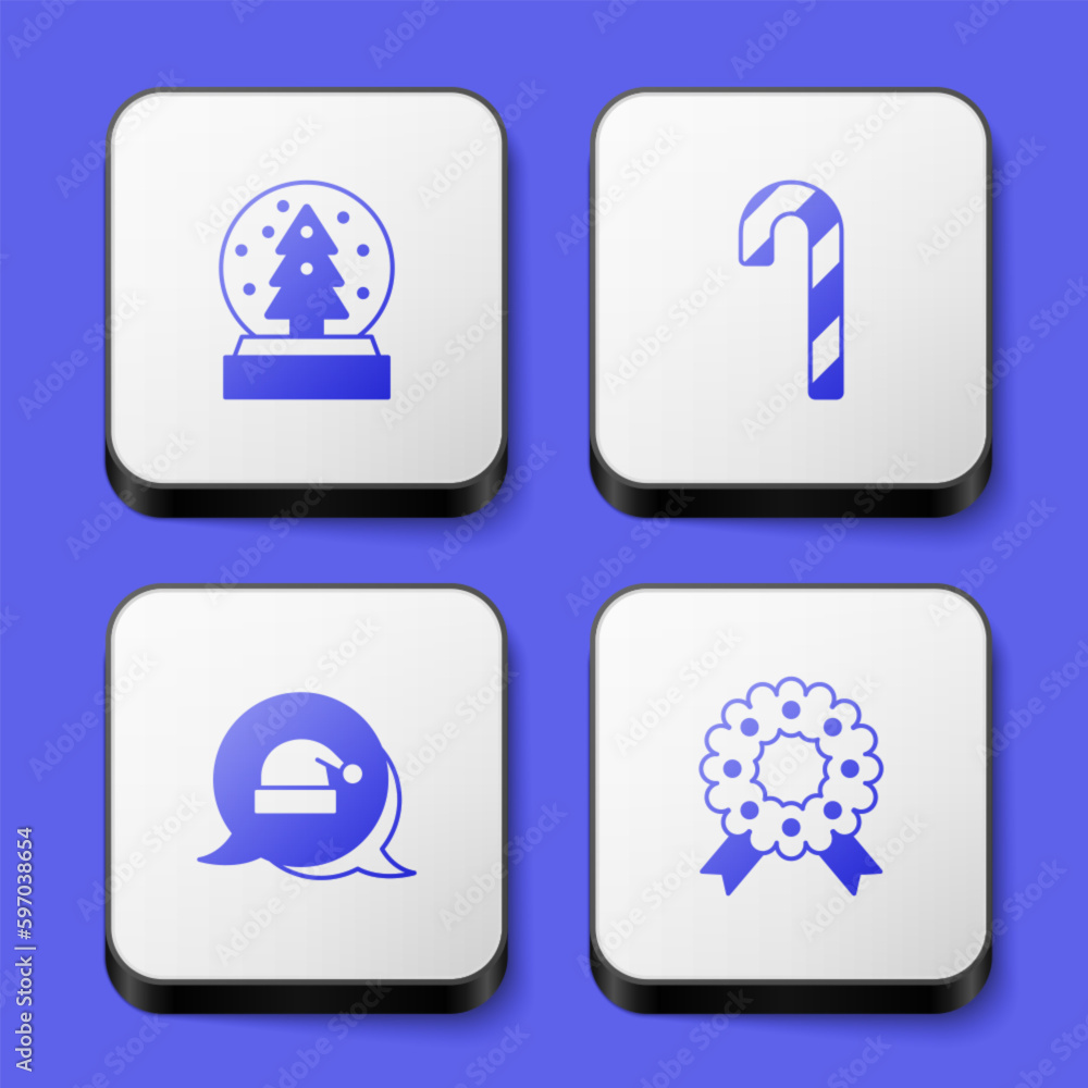 Set Christmas snow globe, Candy cane with stripes, Santa Claus hat and wreath icon. White square button. Vector Set Christmas snow globe, Candy cane with stripes, Santa Claus hat and wreath icon. White square button. Vector