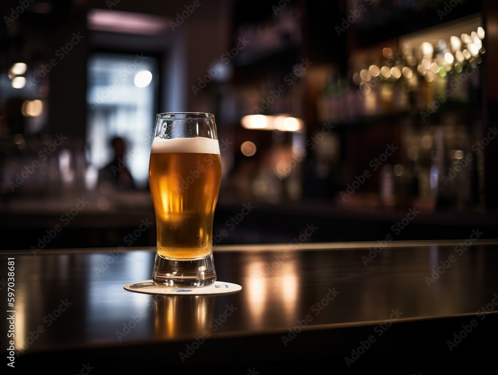 Ein Glas mit kaltem, frischen Bier auf dem tresen einer Bar oder eines restaurants, genartive AI Ein Glas mit kaltem, frischen Bier auf dem tresen einer Bar oder eines restaurants, genartive AI