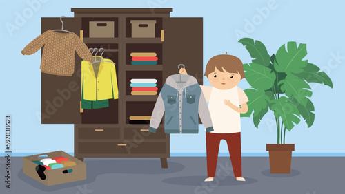 Woman choosing clothes in wardrobe flat vector illustration. Cartoon girl choosing clothes in wardrobe.