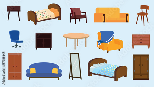 Furniture icons set. Cartoon set of furniture vector icons for web design