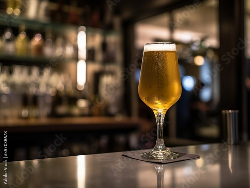 Ein Glas mit kaltem, frischen Bier auf dem tresen einer Bar oder eines restaurants, genartive AI